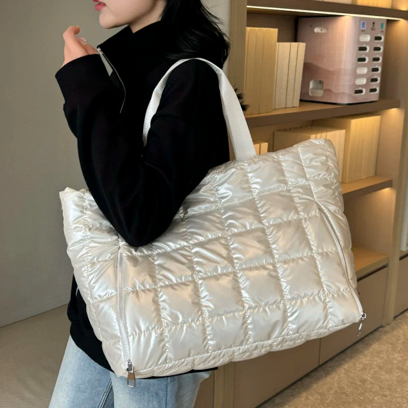 Quilted Puffer Tote Bag with Crossbody Strap – Women's Shoulder Bag