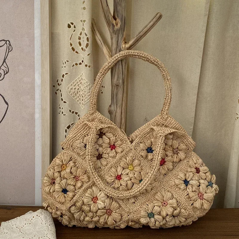 Straw Woven Tote Bag – 3D Floral Large Capacity Summer Handbag