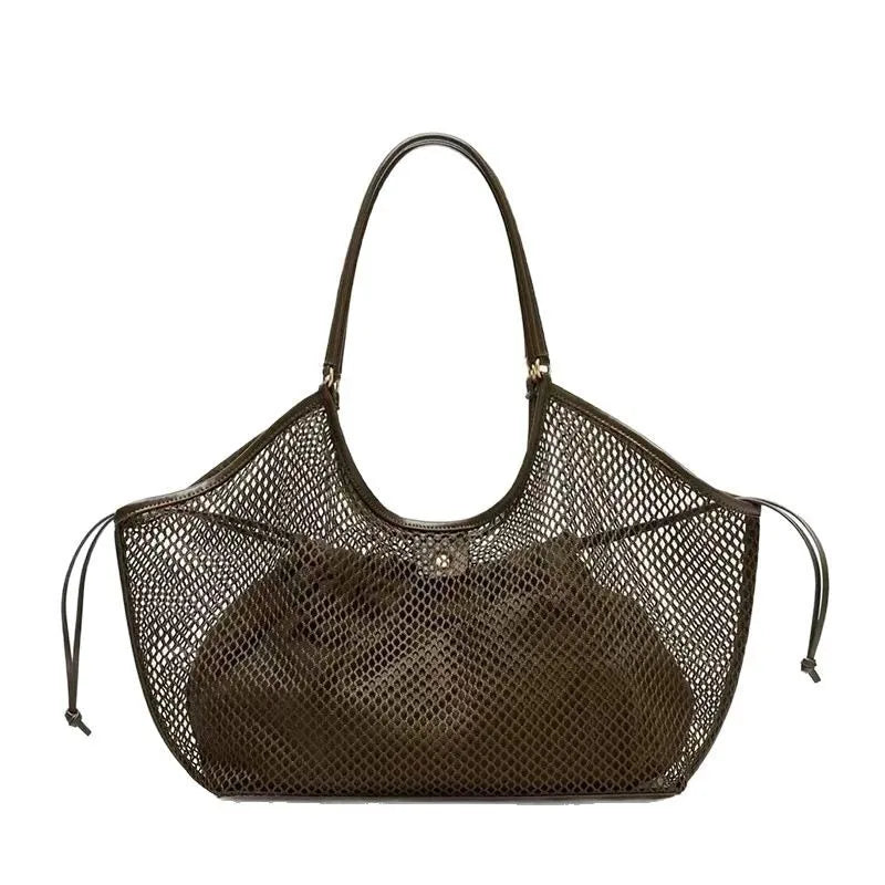 Large Mesh Tote Bag for Women – PU Leather Trim Shoulder Bag