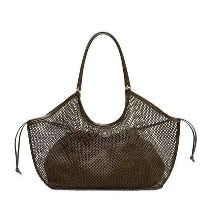 Large Mesh Tote Bag for Women – PU Leather Trim Shoulder Bag
