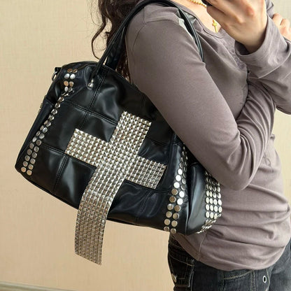 Punk Rivet Handbag Women Gothic Large Capacity Shoulder Bag Vintage Pu Leather Travel Tote Y2k