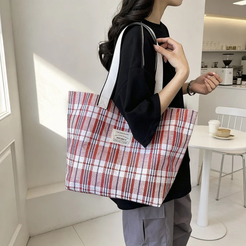 Color Block Plaid Weave Tote Bag Large Capacity Durable Shoulder Multifunctional Woven Mom