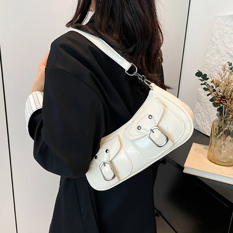 Women's Retro Leather Shoulder Bag with Buckle Detail
