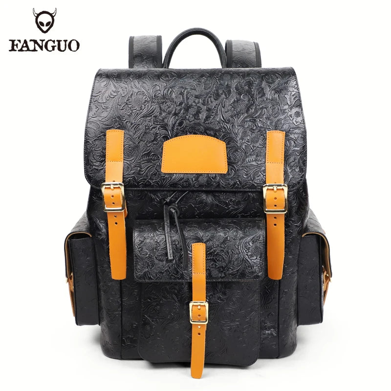 Genuine Leather Men's Backpack – Vintage Floral Embossed Laptop Bag