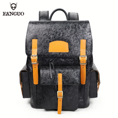 Genuine Leather Men's Backpack – Vintage Floral Embossed Laptop Bag
