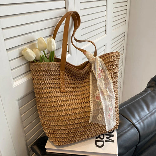 Straw Tote Bag for Women – Large Handwoven Shoulder Bag with Scarf