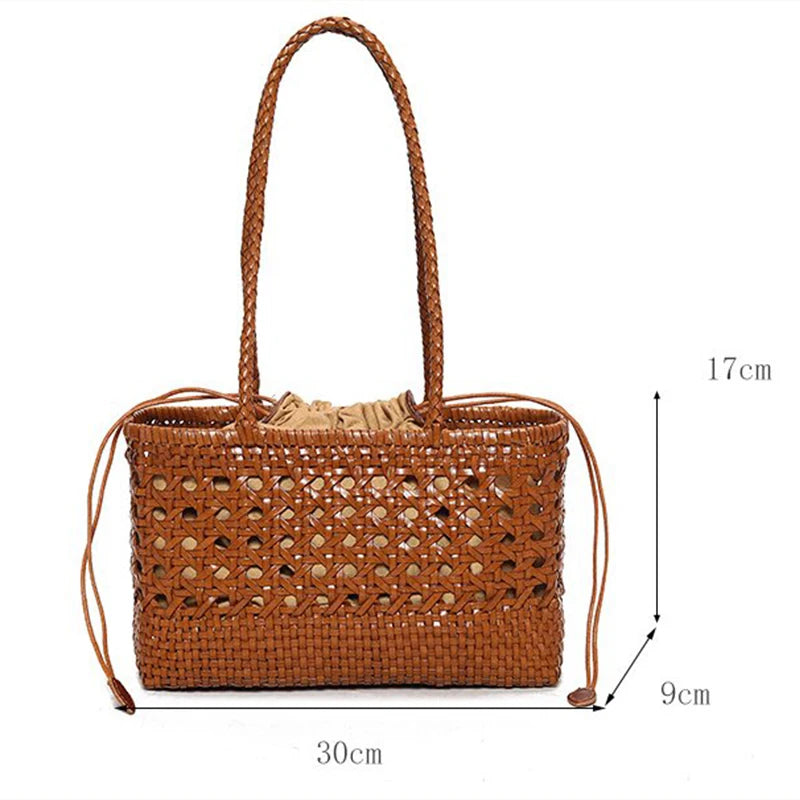 Handmade Woven Leather Tote Bag – Hollow Drawstring Shoulder Bag