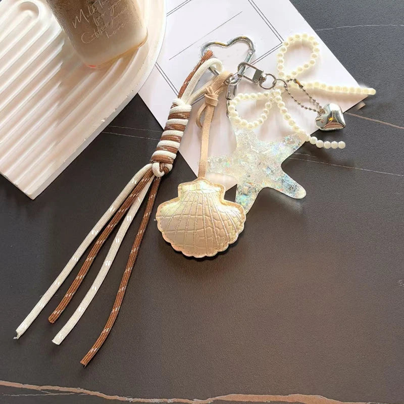 Ocean Shell & Starfish Keychain – Pearl Beaded Bag Charm with Tassel