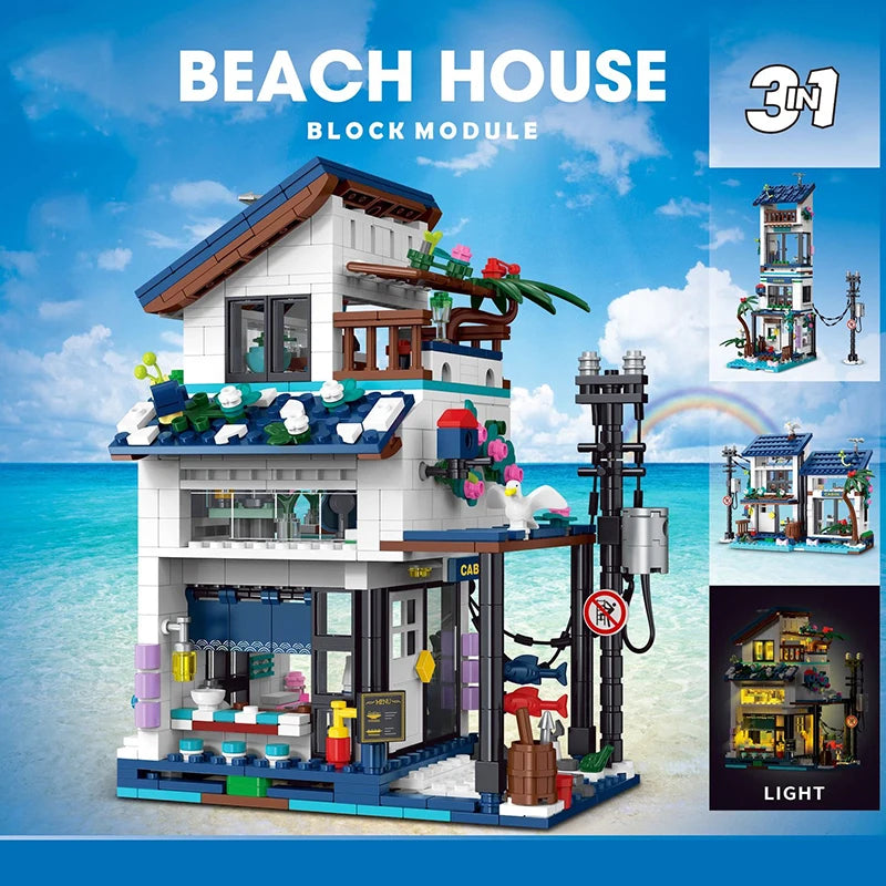 3-in-1 Beach House Building Blocks Set – MOC Coastal Villa Model