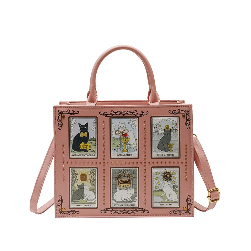 Cat Tarot Print Tote Bag for Women – Stylish Top-Handle Handbag