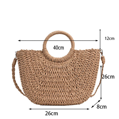 Straw Bucket Bag for Women – Handwoven Round Handle Beach Tote