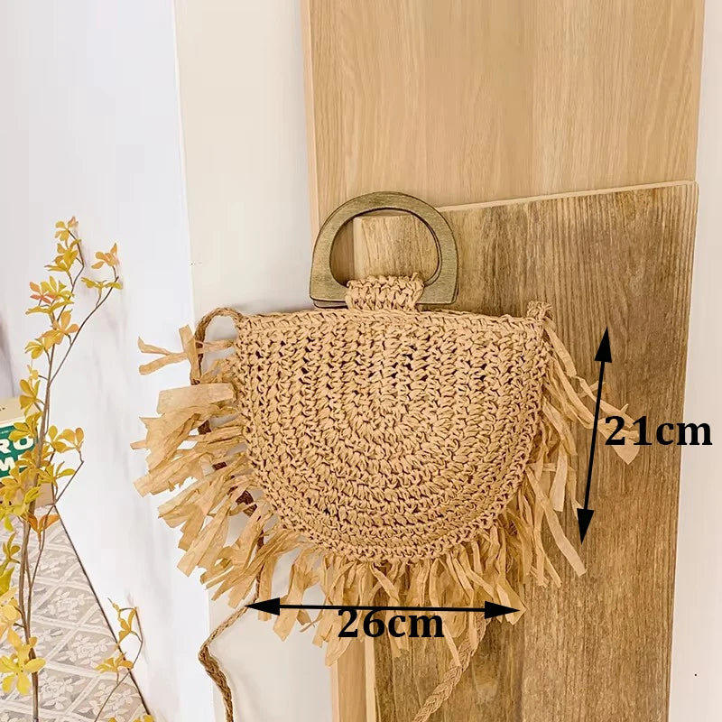 Handmade Straw Woven Round Beach Tote Bag