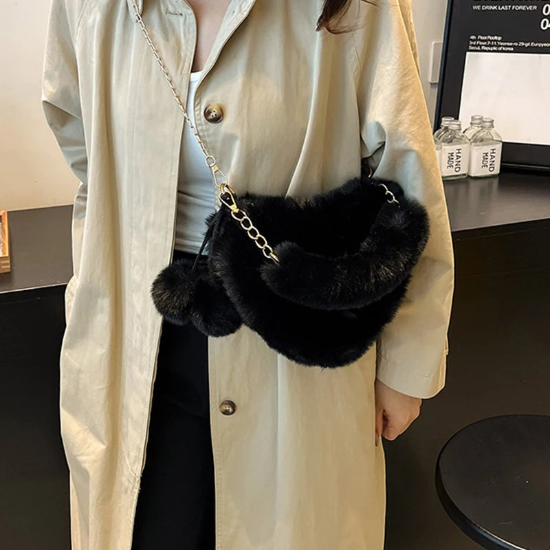Fluffy Heart Shaped Fur Bag – Cute Plush Shoulder Bag with Chain Strap