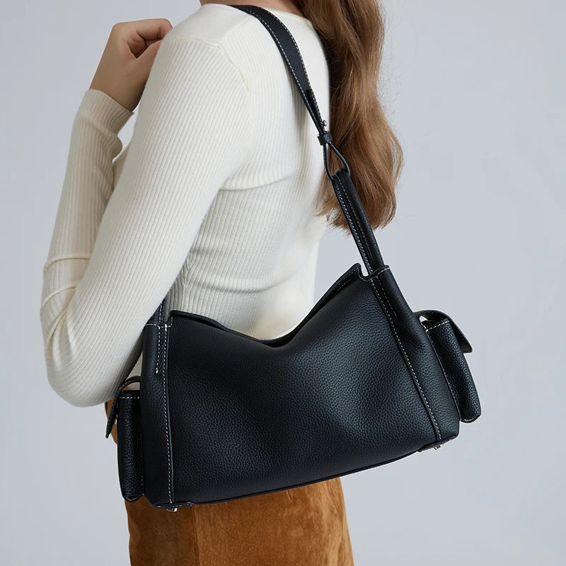 Genuine Cowhide Leather Hobo Shoulder Bag – Pebbled Minimalist Style
