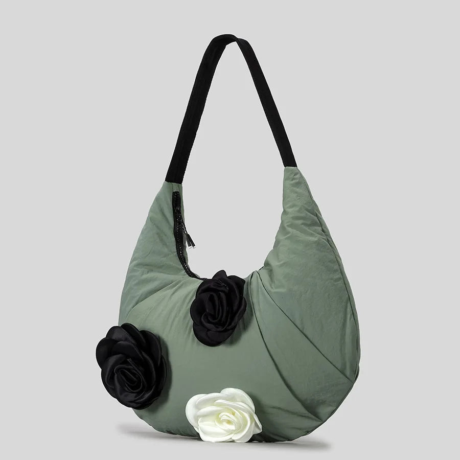 Elegant Camellia Deco Hobos Women Shoulder Bags Casual Nylon Padded Crossbody Large Capacity Puffer