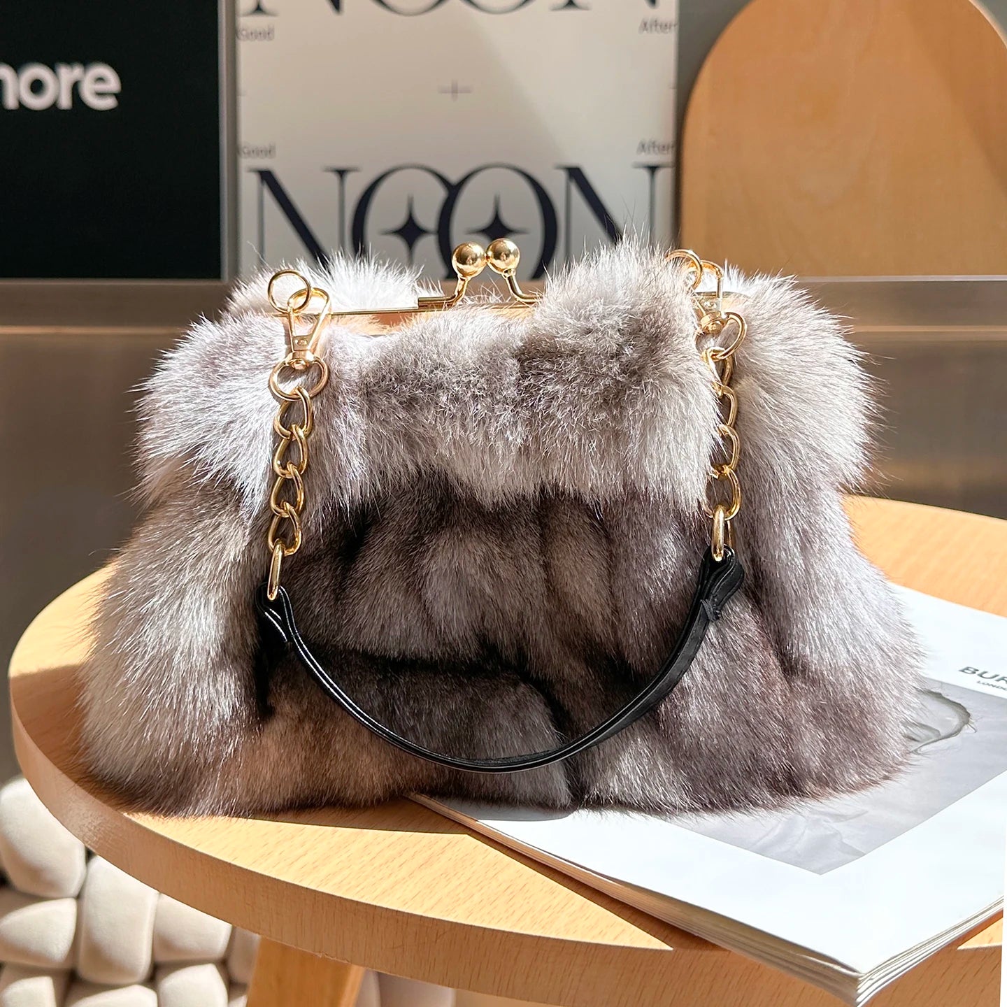 Real Fur Women Handbags Luxury Fox Bag Female Furry Handbag Leather Evening Natural Shoulder