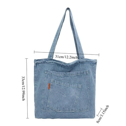 Denim Tote Bag – Large Capacity Shoulder Bag with Pocket