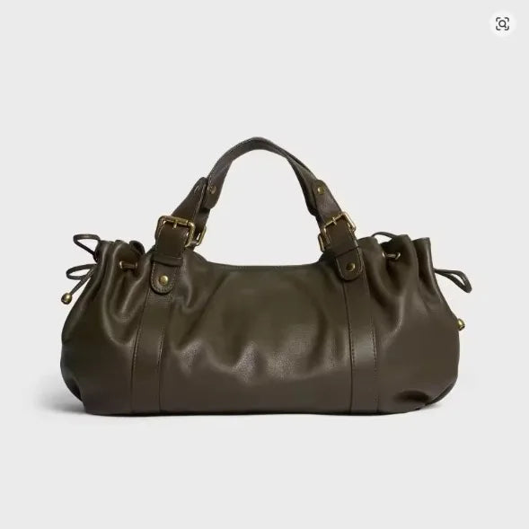 Vintage Large Ruched Drawstring Soft Leather Tote Bag Women S Crossbody Simple Handbag Commuter