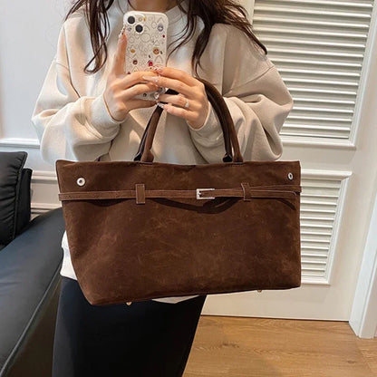 Faux Suede Tote Bag Large Capacity Buckle Handbag for Women
