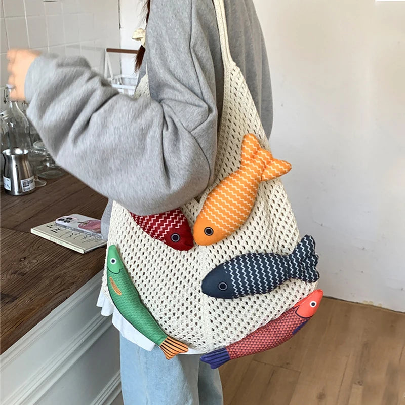 Fish Design Knit Shoulder Bag – Woven Hobo Tote