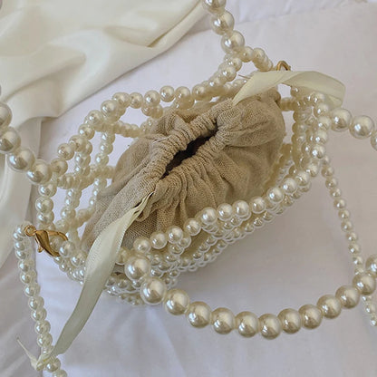 Pearl Beaded Bucket Bag – French Retro Woven Handbag