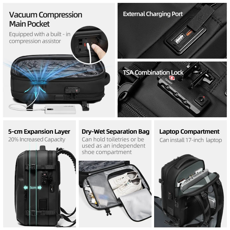 60L Vacuum Compression Travel Backpack – 17" Laptop, One-Click Pump, Hiking & Business