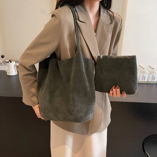 Suede Tote Bag – Women's Retro Large Shoulder Bag with Pouch