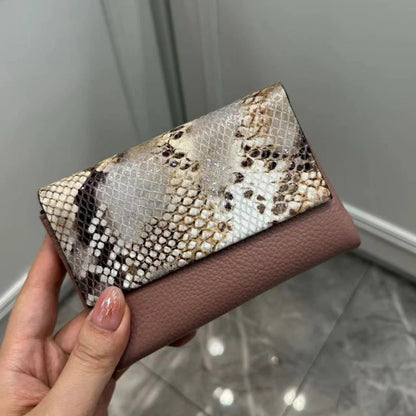 Snake Pattern Genuine Cowhide Leather Trifold Wallet for Women