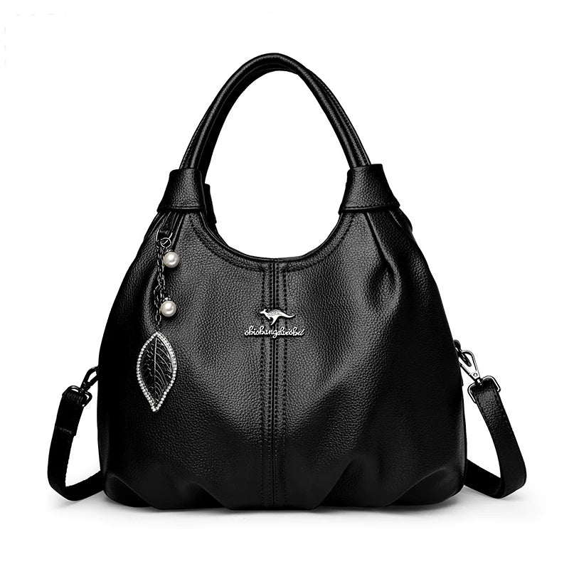 Lychee Leather Hobo Handbag – 3-Layer Shoulder & Crossbody Bag with Leaf Pendant