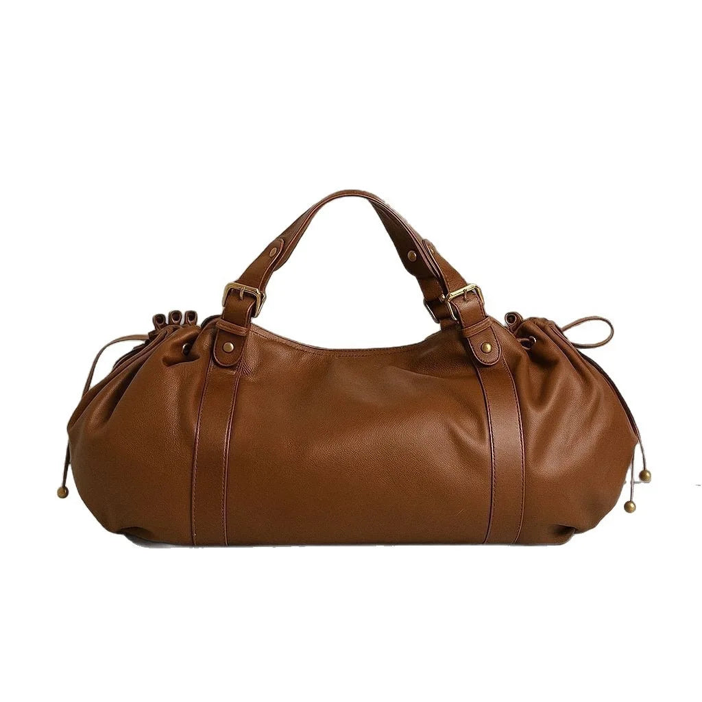 Vintage Large Ruched Drawstring Soft Leather Tote Bag Women S Crossbody Simple Handbag Commuter