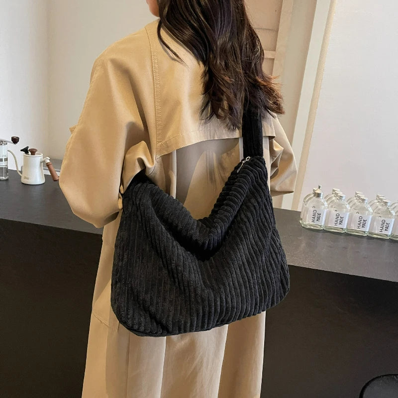 Commuter Friendly Crossbody Bags Women Large Capacity Corduroy Tote Bag Lightweight Textured Casual