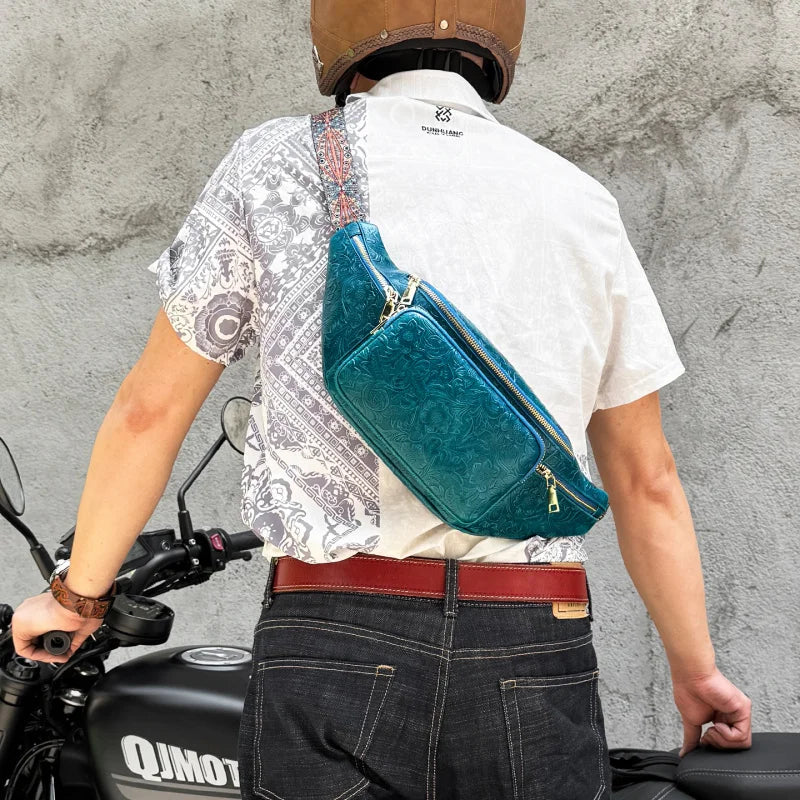 Genuine Leather Fanny Pack for Men – Floral Embossed Travel Waist Bag