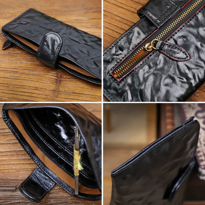 Genuine Leather Long Wallet – Retro Snap Closure Phone & Card Organizer