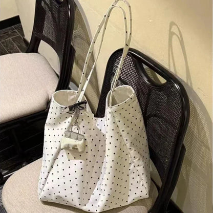 Polka Dot Canvas Tote Bag – Large Lightweight Korean Style Shoulder Bag