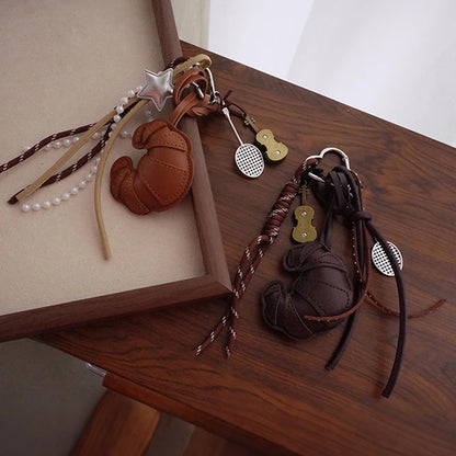 Croissant Leather Keychain – Novelty Bag Charm with Mini Charms