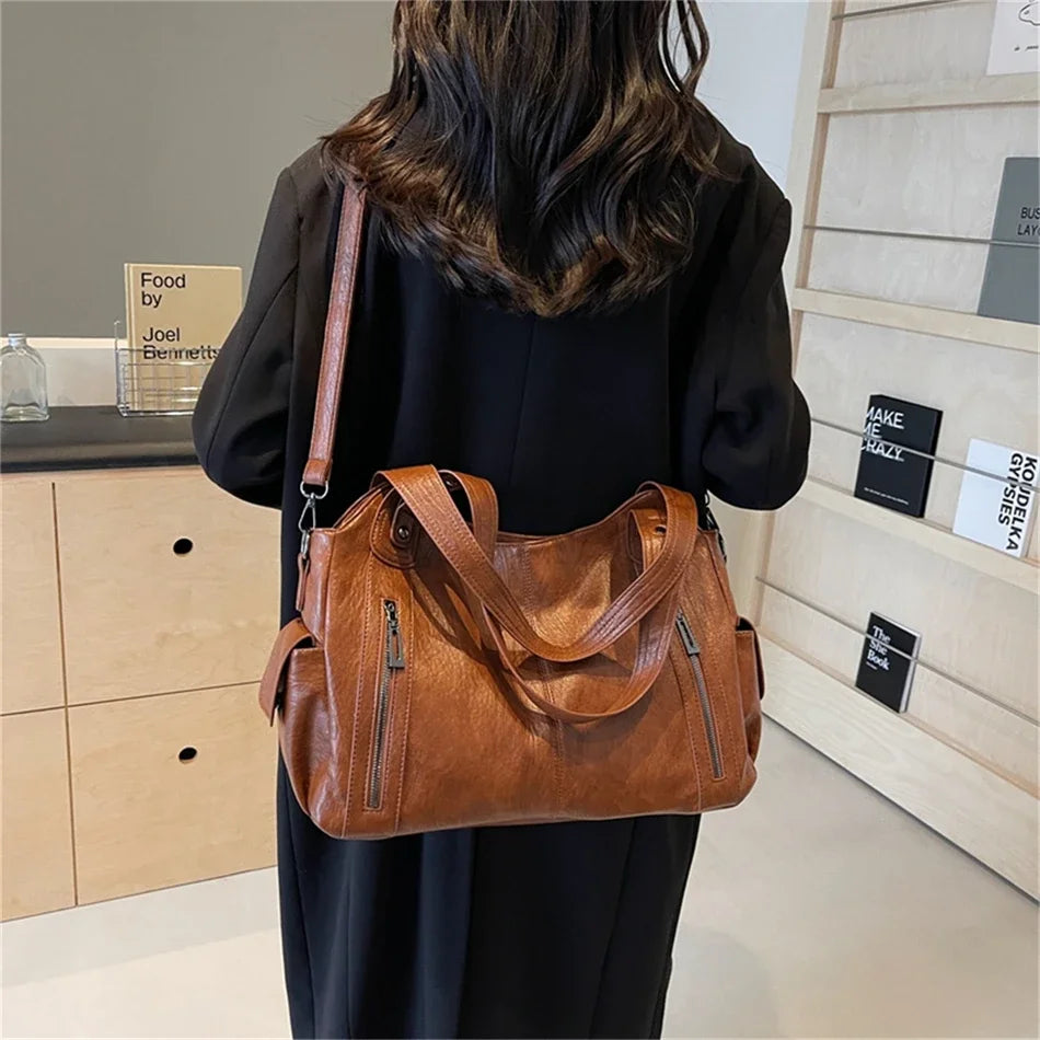 Women's Vintage Leather Tote Bag – Large Capacity Multi-Pocket Shoulder Bag