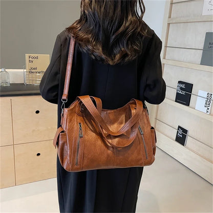 Women's Vintage Leather Tote Bag – Large Capacity Multi-Pocket Shoulder Bag