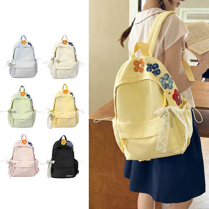 Kawaii Floral Bow Backpack for Girls – Large Nylon School Bag