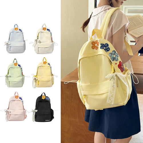 Kawaii Floral Bow Backpack for Girls – Large Nylon School Bag