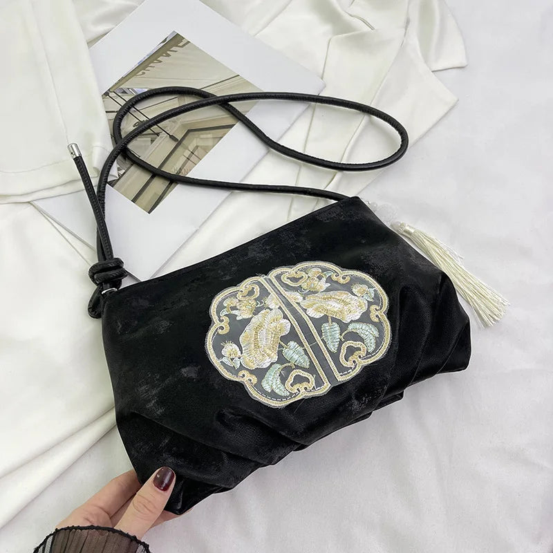 Chinese Embroidery Tote Bag – Soft Satchel with Tassel & Rope Handle