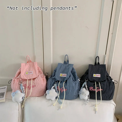 Mini Drawstring Backpack – Plaid Embroidery Casual Daypack