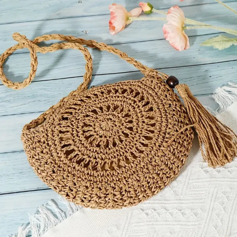 Round Straw Crossbody Bag with Tassel – Hollow Woven Purse