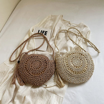 Round Rattan Straw Shoulder Bag with Tassel – Handmade Beach Crossbody