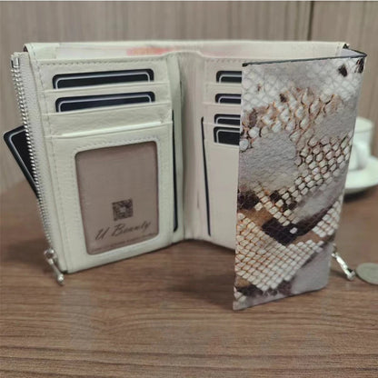 Snake Pattern Genuine Cowhide Leather Trifold Wallet for Women