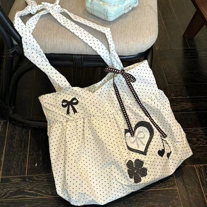 Korean Style Polka Dot Canvas Tote Bag Women Bow Decor Pleated Handbag Large Capacity Casual Daily