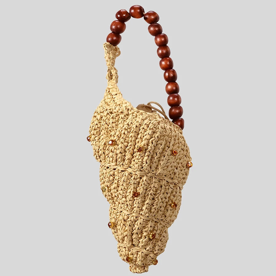 Creative Diamonds Conch Design Straw Bag Handmade Woven Women Handbags Wooden Beading Strap Shoulder
