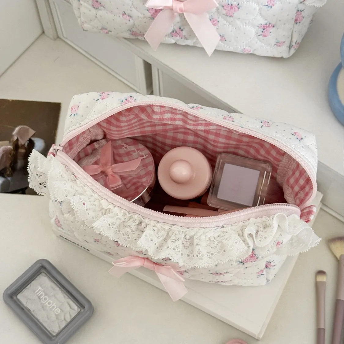 Floral Lace Makeup Bag – Cute Bow Cosmetic Pouch for Women