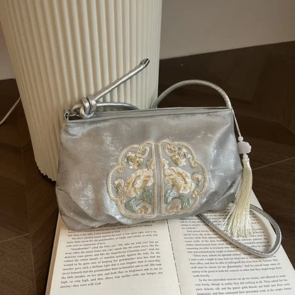 Chinese Embroidery Tote Bag – Soft Satchel with Tassel & Rope Handle