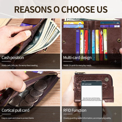 Crocodile Pattern RFID Wallet with Chain – Luxury Leather Card Holder