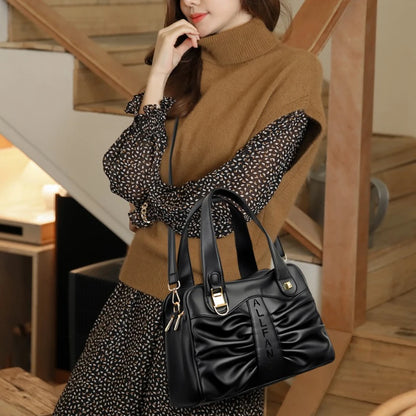 Ruched Vegan Leather Handbag with Top Handle & Crossbody Strap